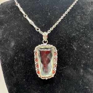 Vintage Crown Trifari Bamboo Silver Chain with Large Glass Pendant